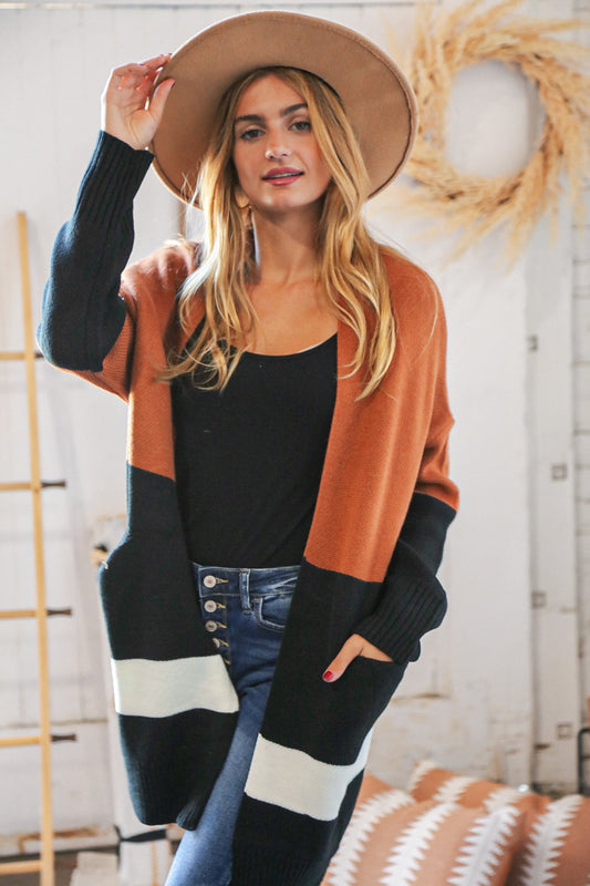 Rust/Black Color Block Midi Length Knit Cardigan