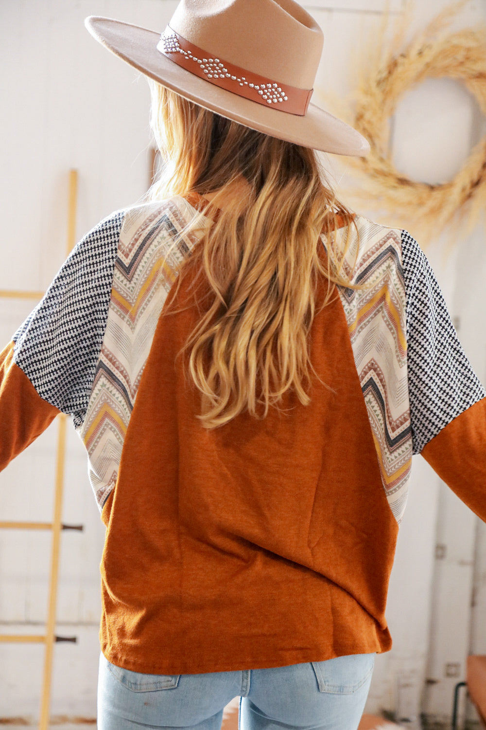 Rust Two-Tone Hacci Chevron Dolman Sweater Top