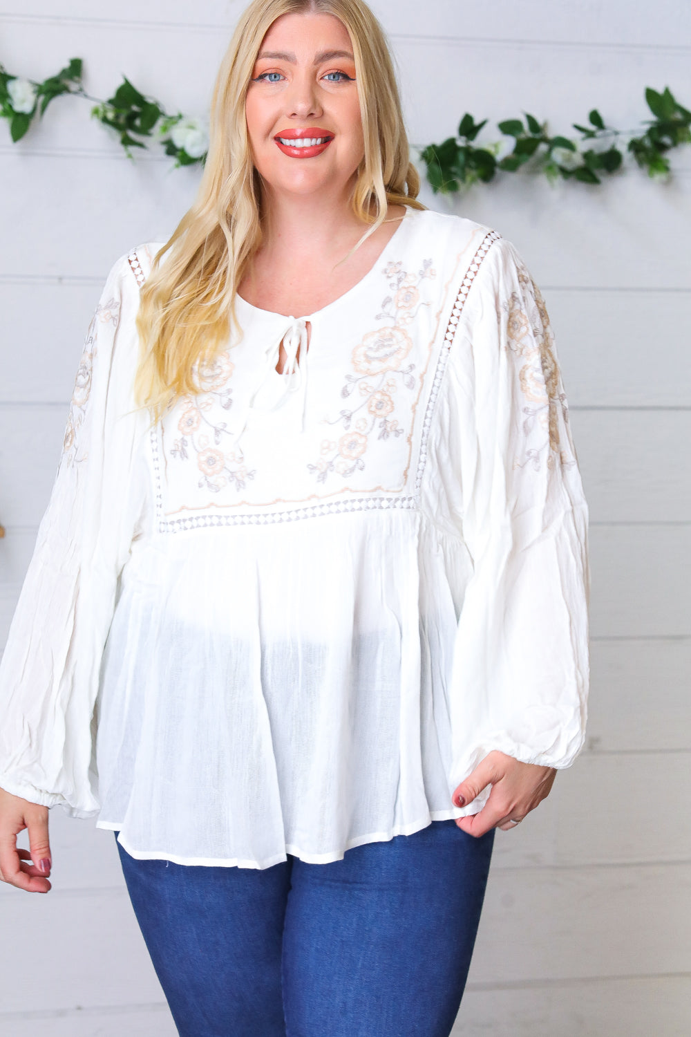 White Embroidered Tie String Peasant Top