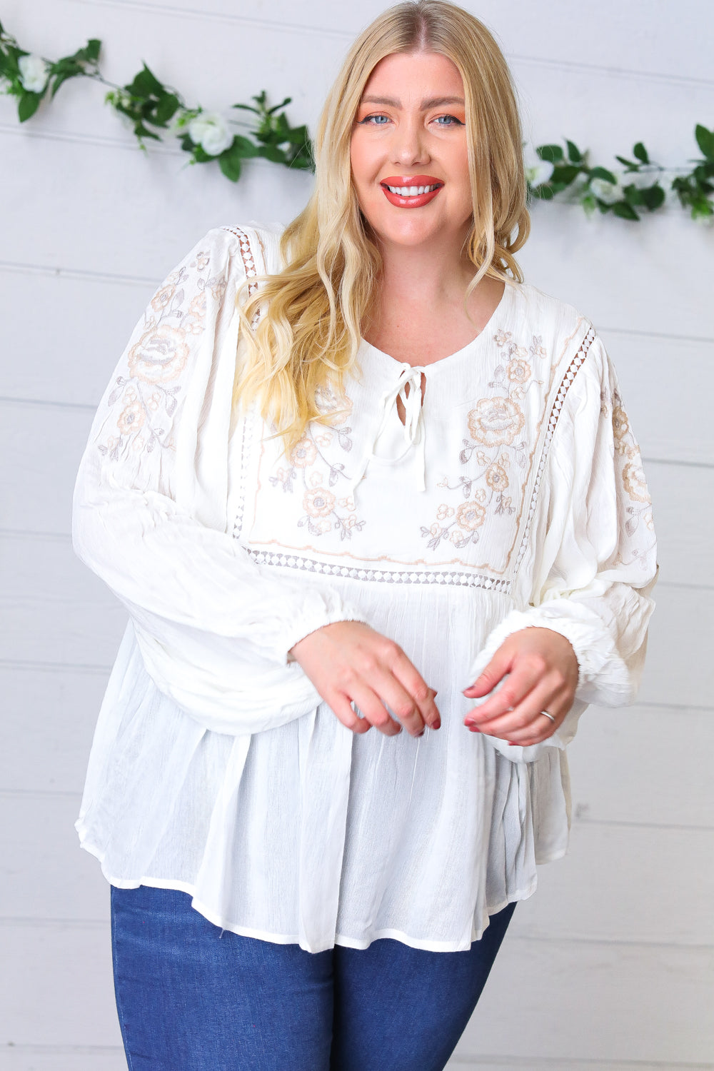 White Embroidered Tie String Peasant Top