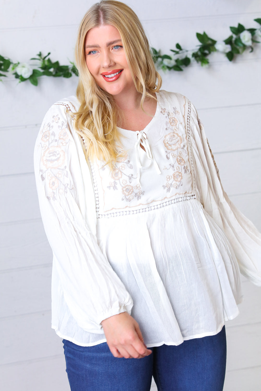 White Embroidered Tie String Peasant Top