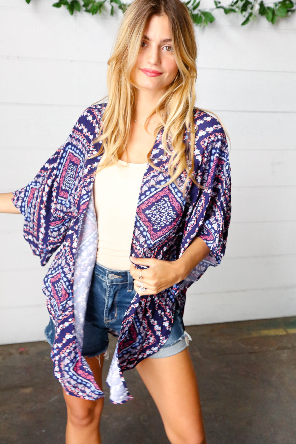 Navy Rayon Challis Paisley Print Bell Sleeve Kimono