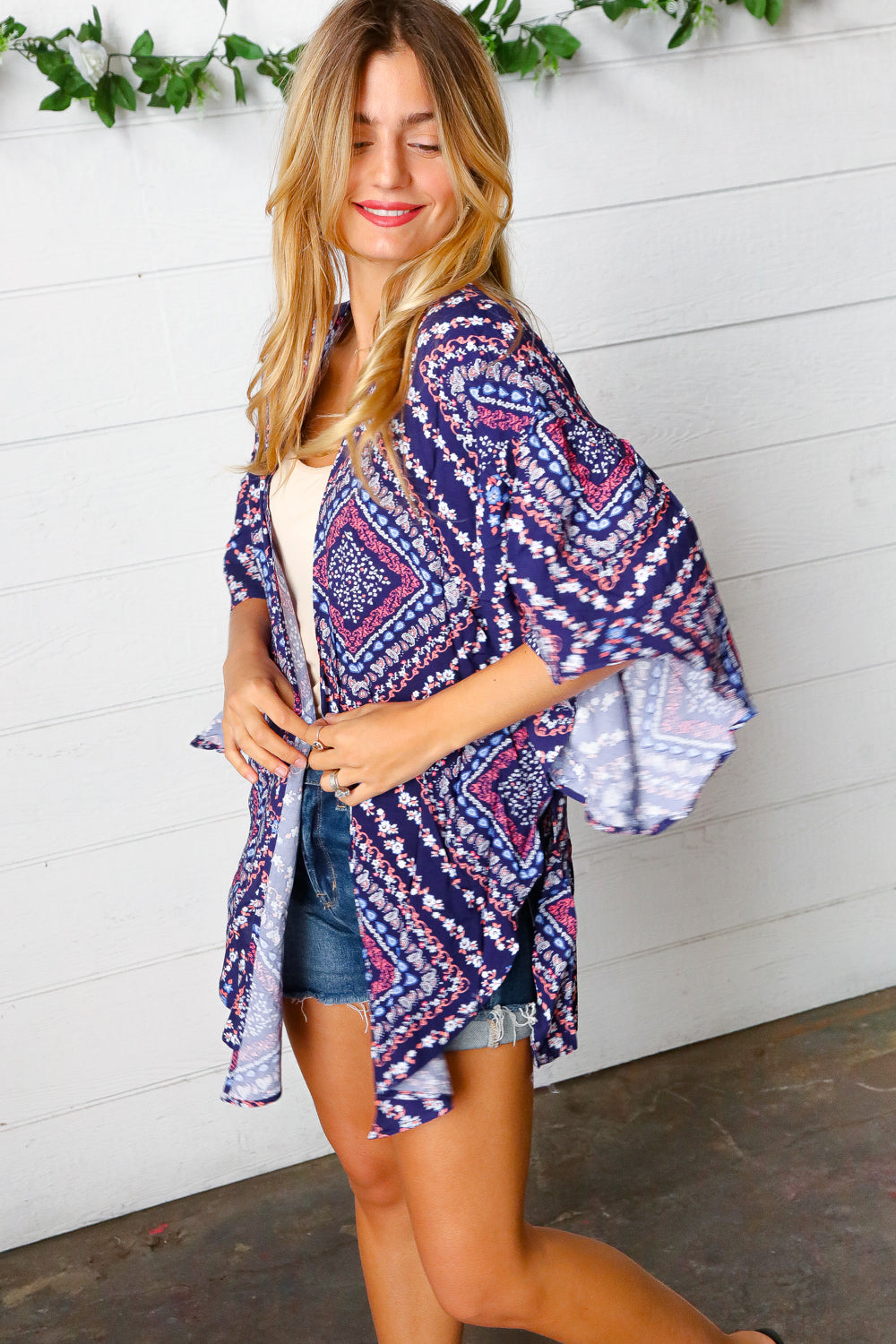 Navy Rayon Challis Paisley Print Bell Sleeve Kimono