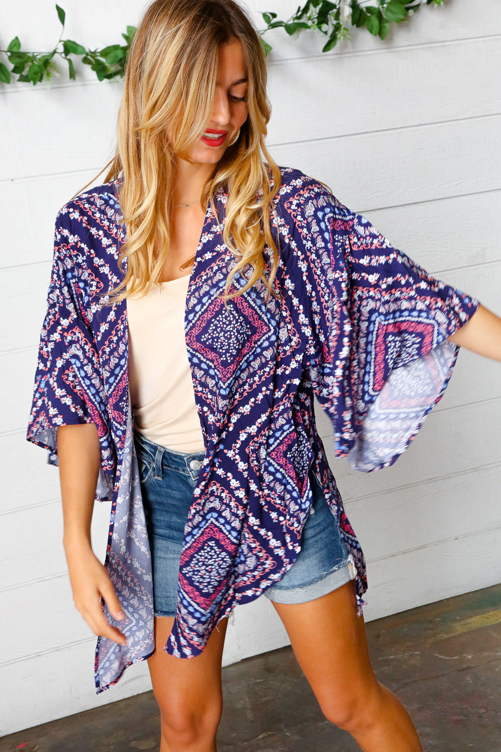 Navy Rayon Challis Paisley Print Bell Sleeve Kimono