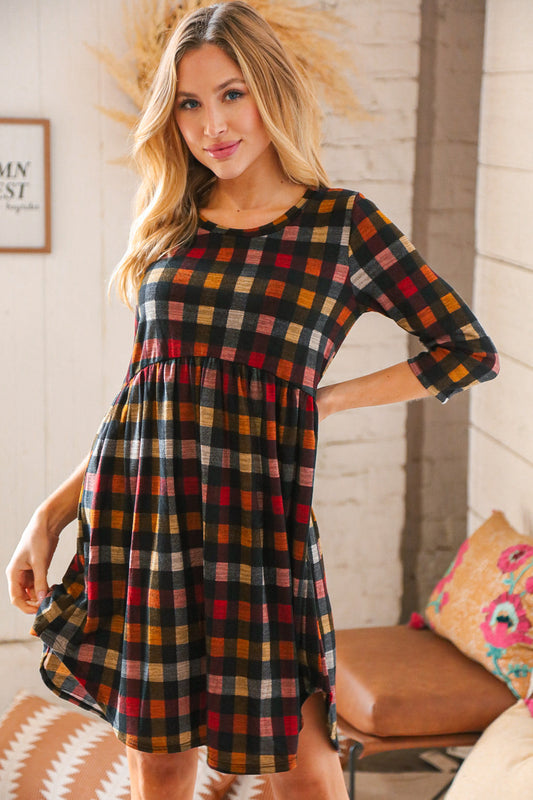 Multicolor Plaid Lined Knit Babydoll Dress