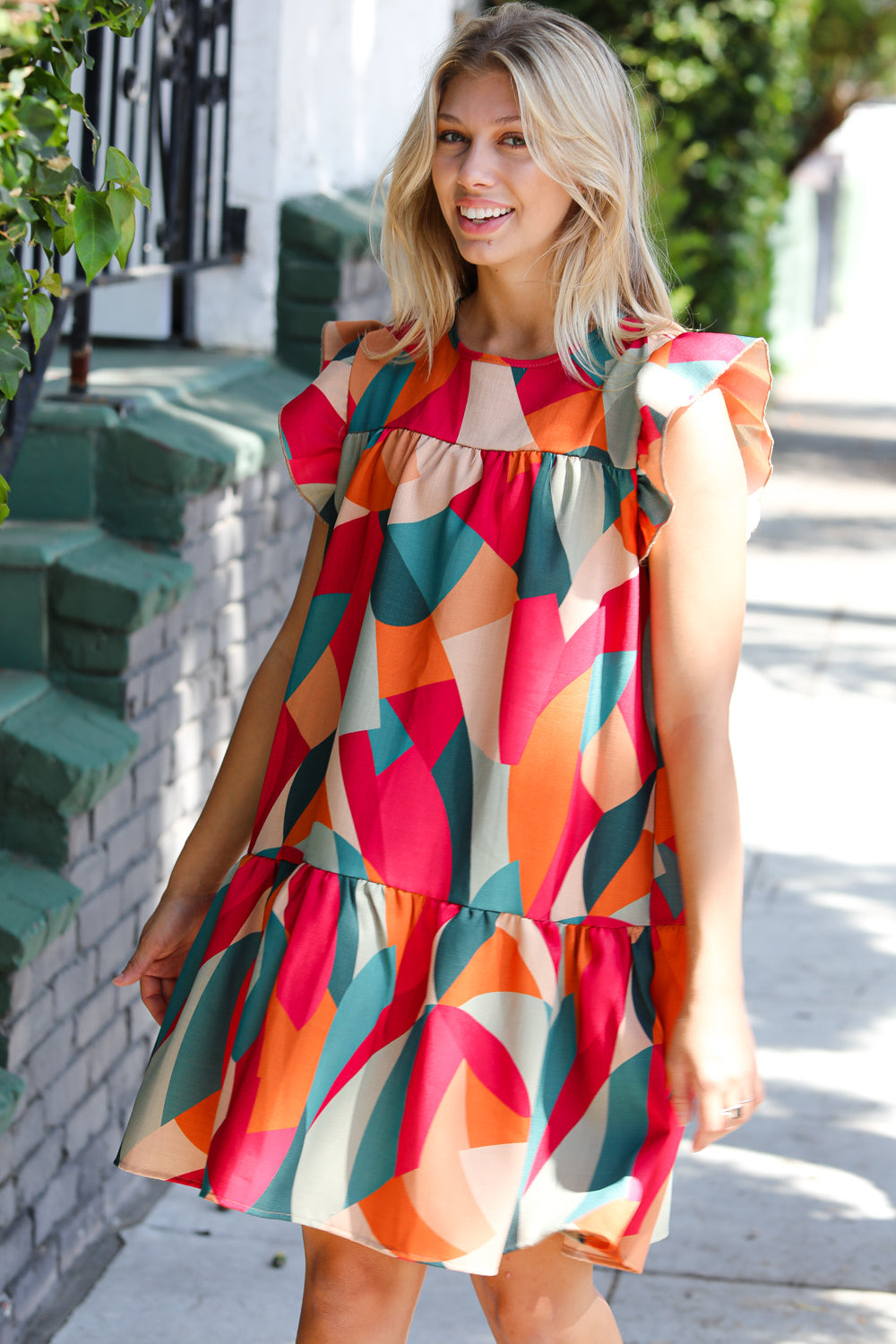 Magenta & Taupe Geometric Yoke Woven Dress