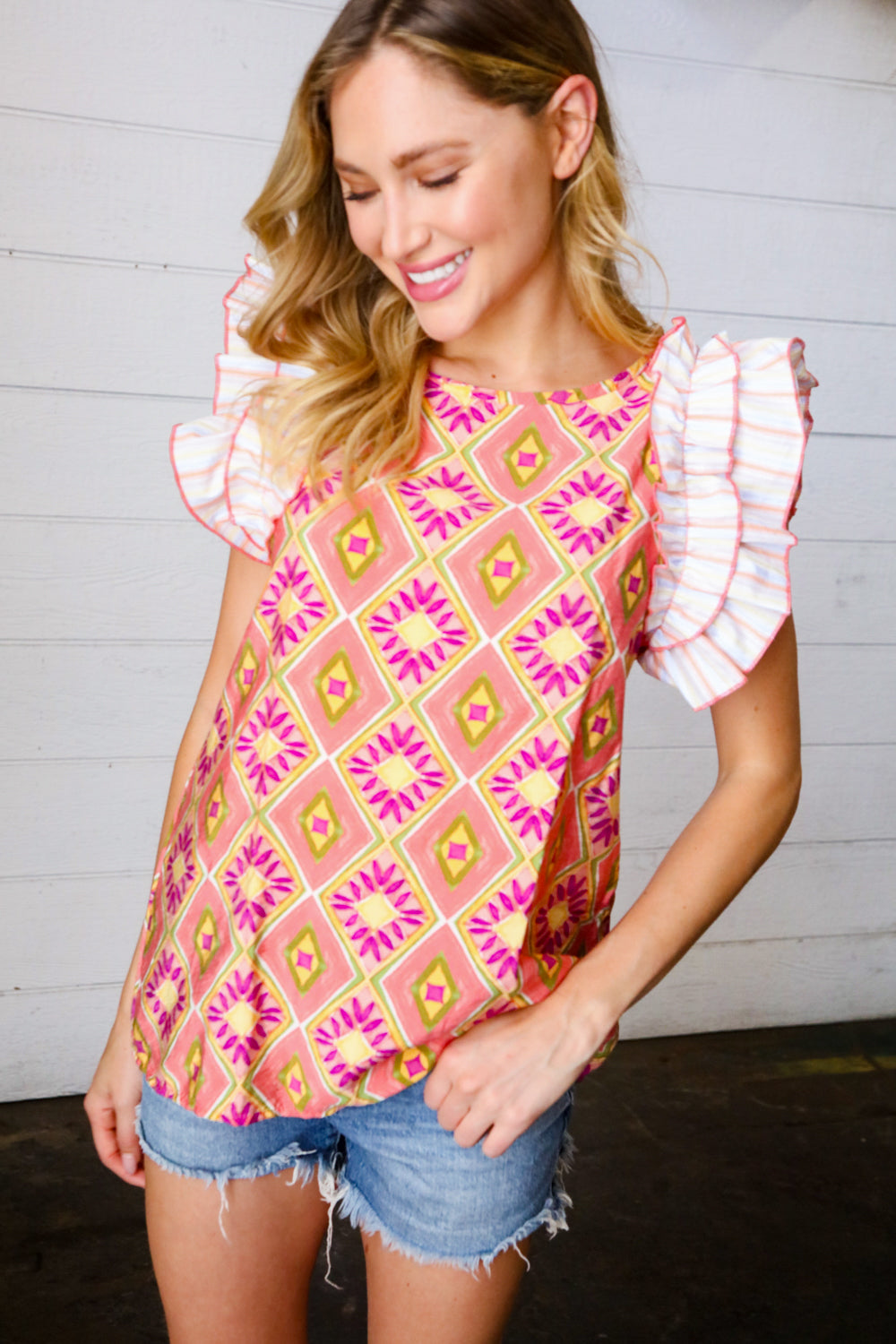 Peach Boho Print Frill Sleeve Keyhole Back Top