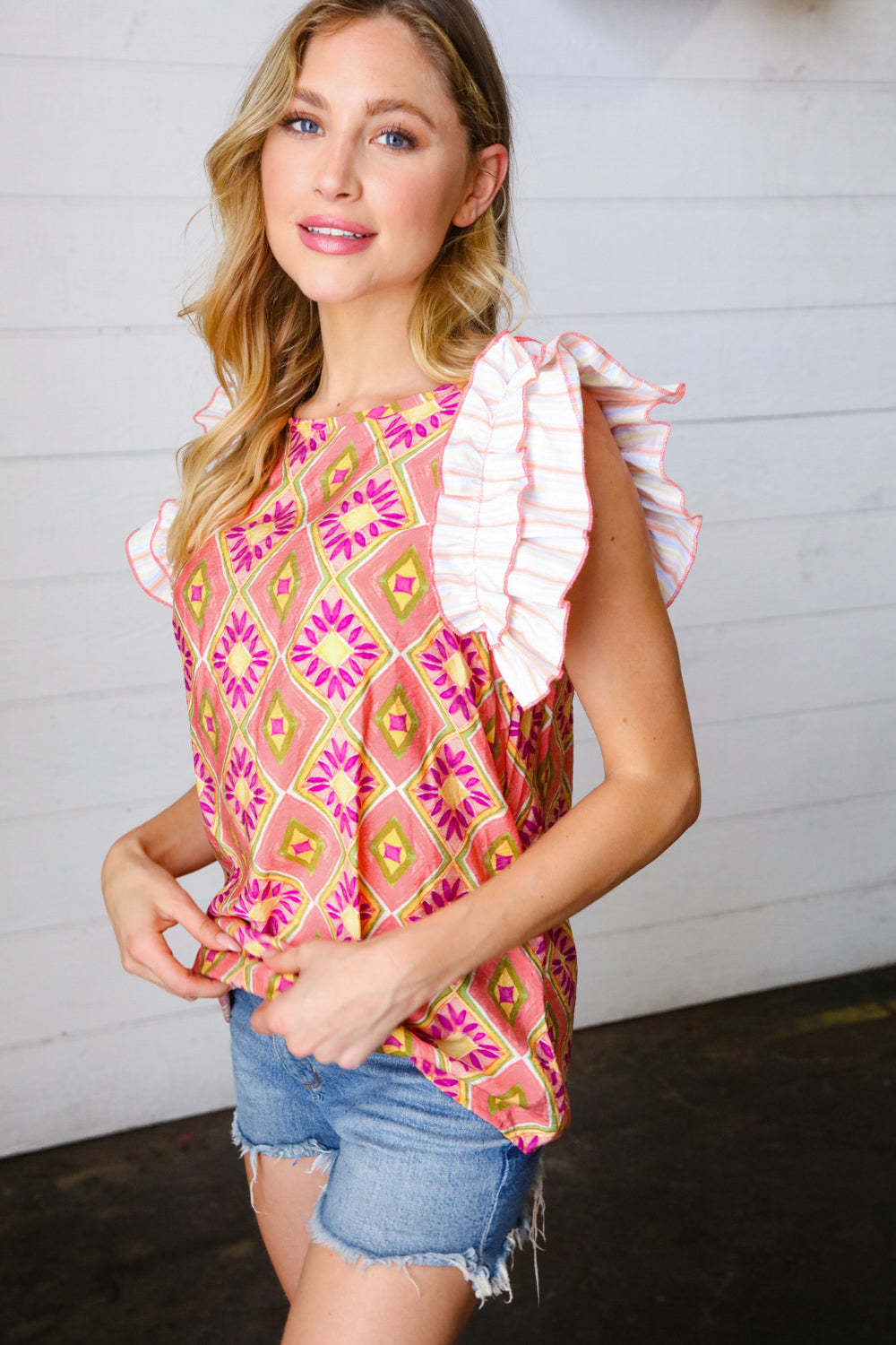 Peach Boho Print Frill Sleeve Keyhole Back Top