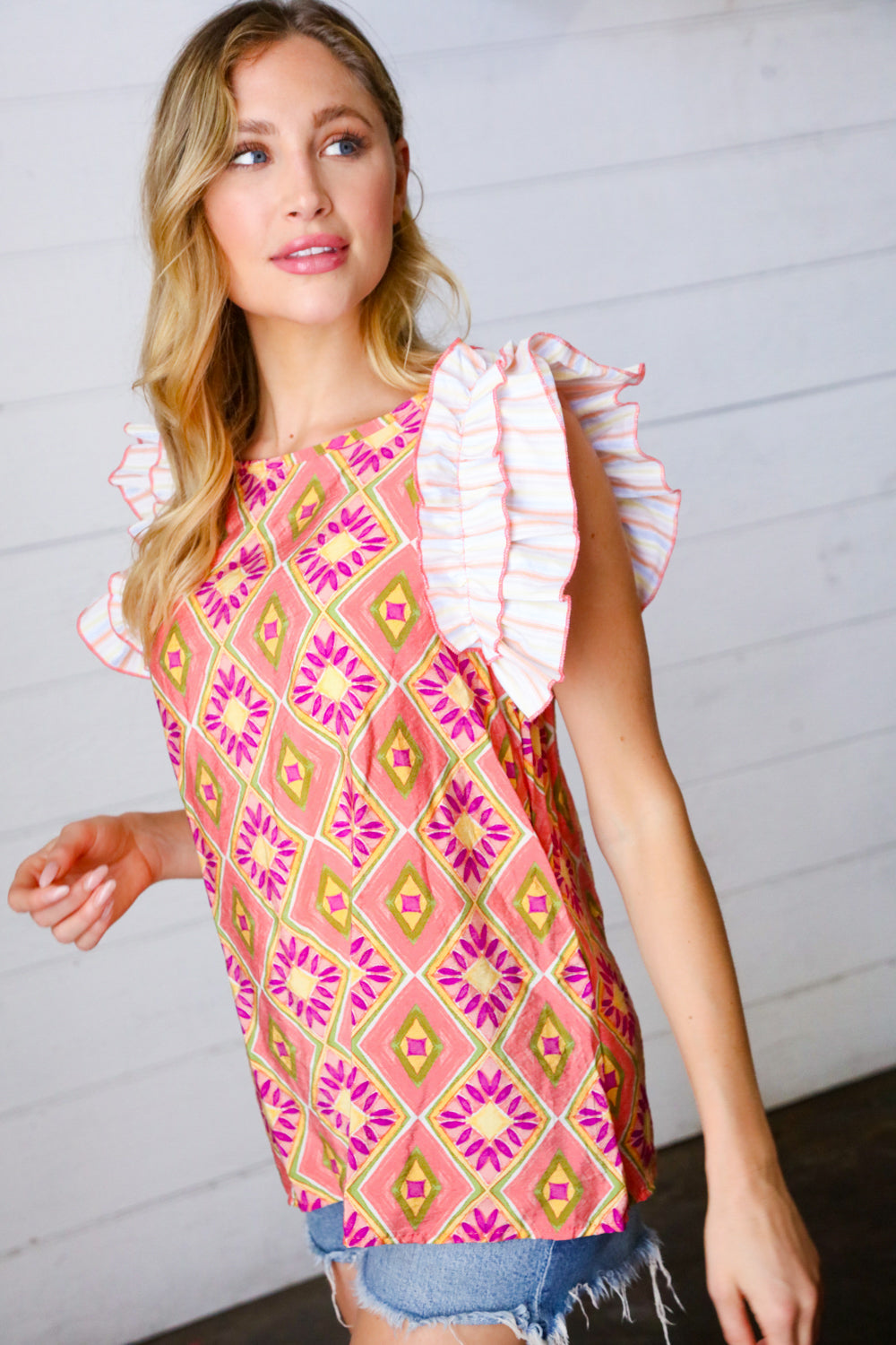 Peach Boho Print Frill Sleeve Keyhole Back Top