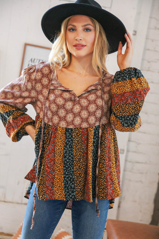 Multicolor Boho Rayon Crinkle Vertical Floral Beaded Tie Blouse