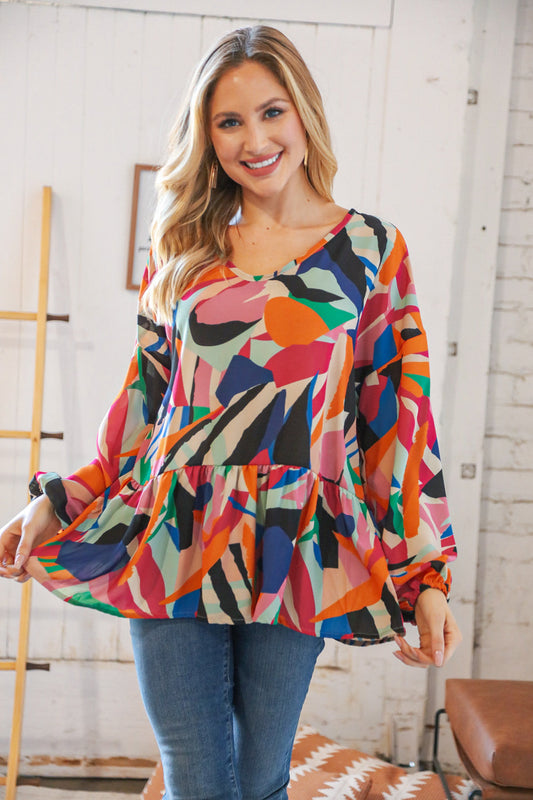 Multi Geo Woven Babydoll V-Neck Top