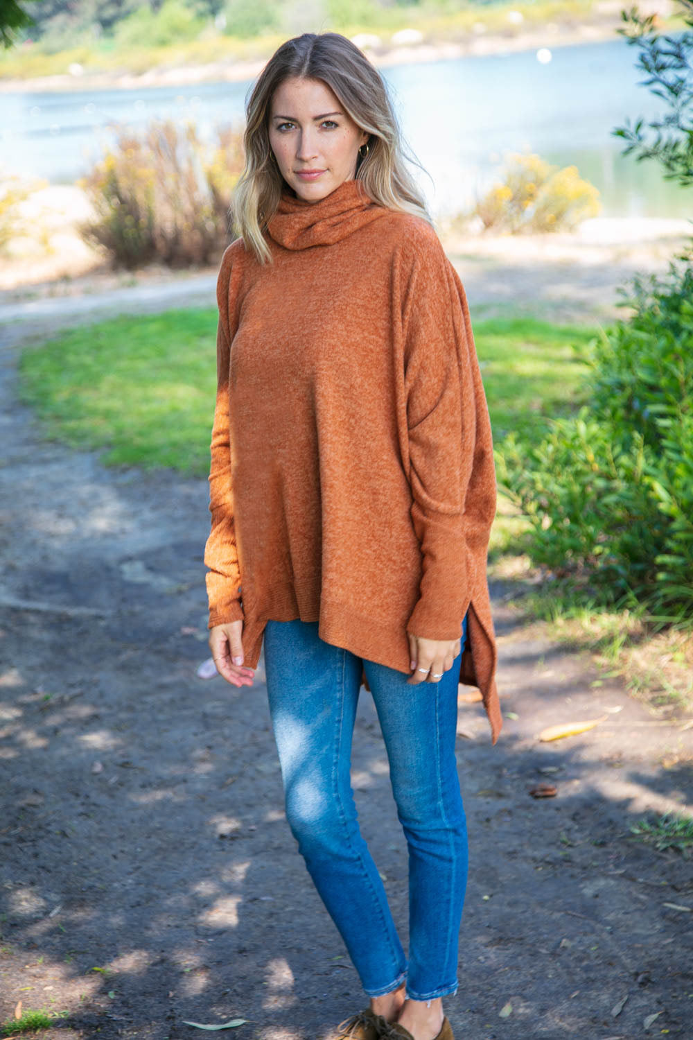 Camel Brushed Melange Cowl Neck Poncho Sweater