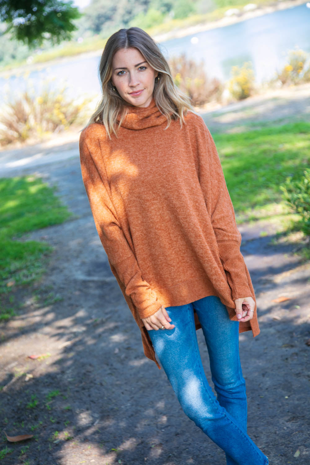 Camel Brushed Melange Cowl Neck Poncho Sweater