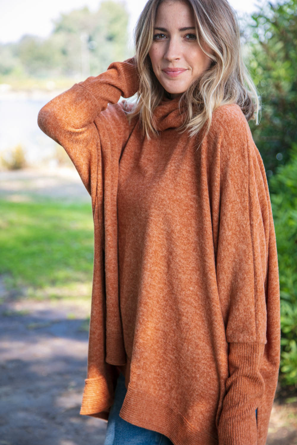 Camel Brushed Melange Cowl Neck Poncho Sweater