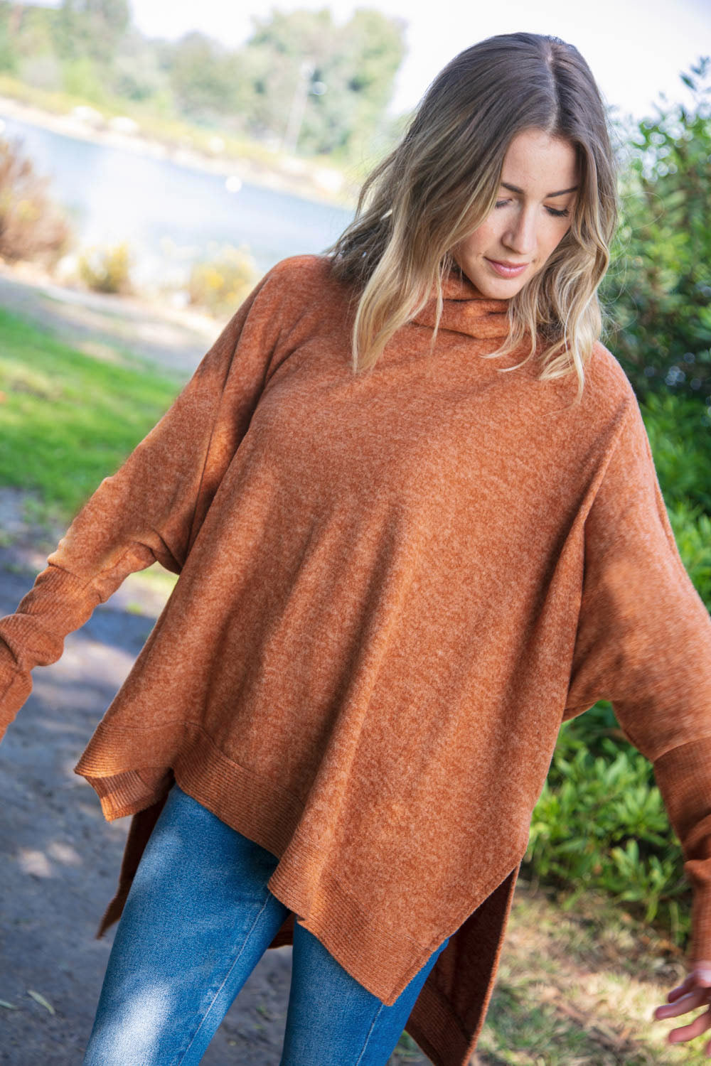 Camel Brushed Melange Cowl Neck Poncho Sweater