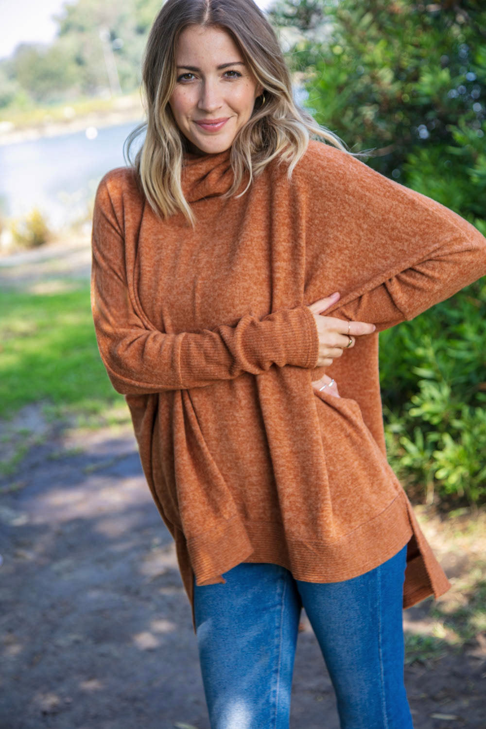 Camel Brushed Melange Cowl Neck Poncho Sweater