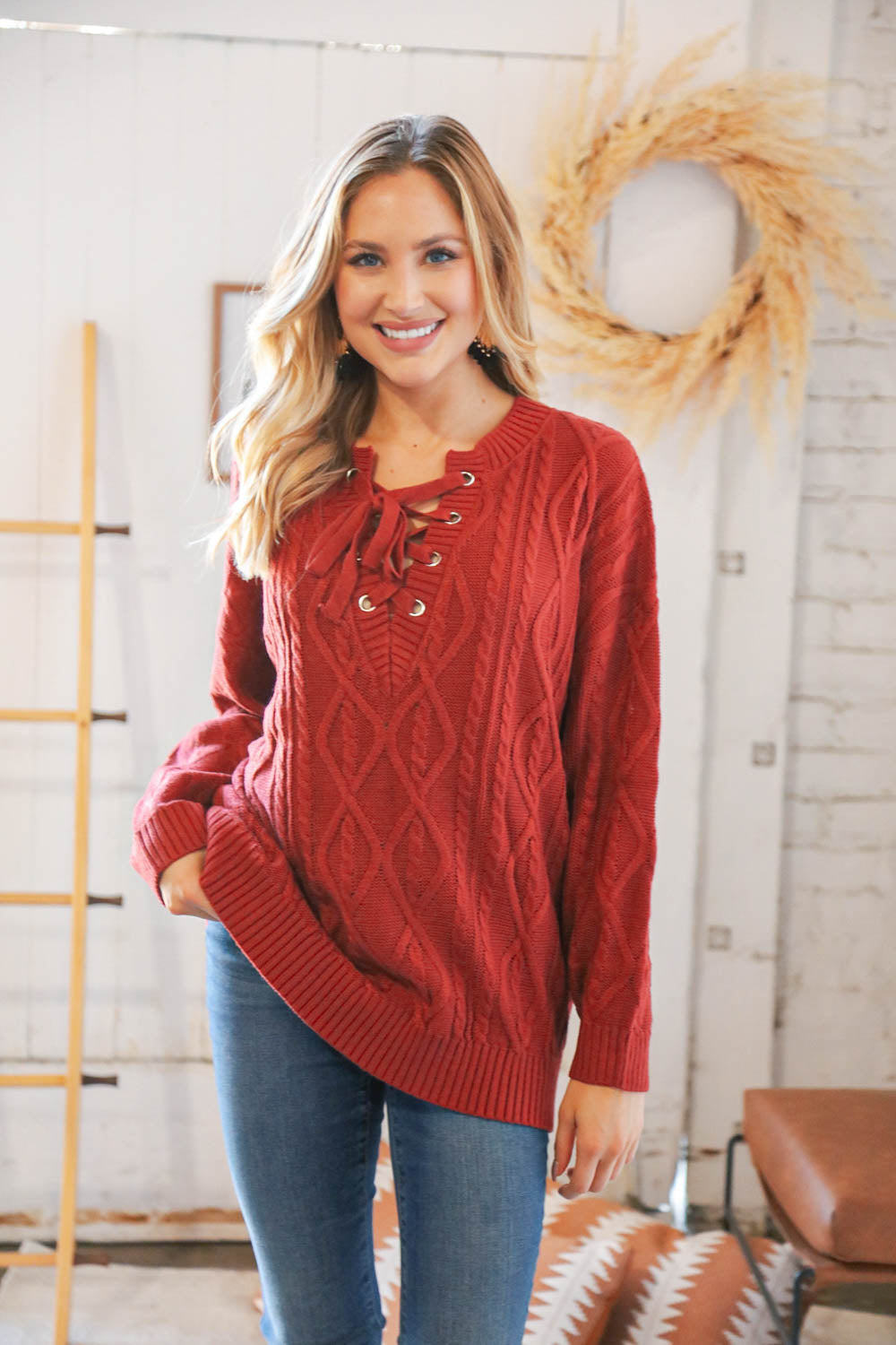 Rust Cable Knit Lace Up V Neck Sweater Top