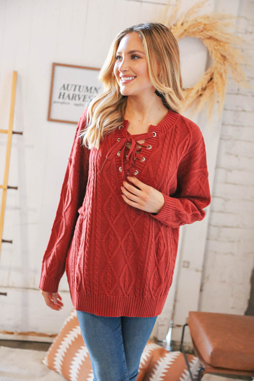 Rust Cable Knit Lace Up V Neck Sweater Top