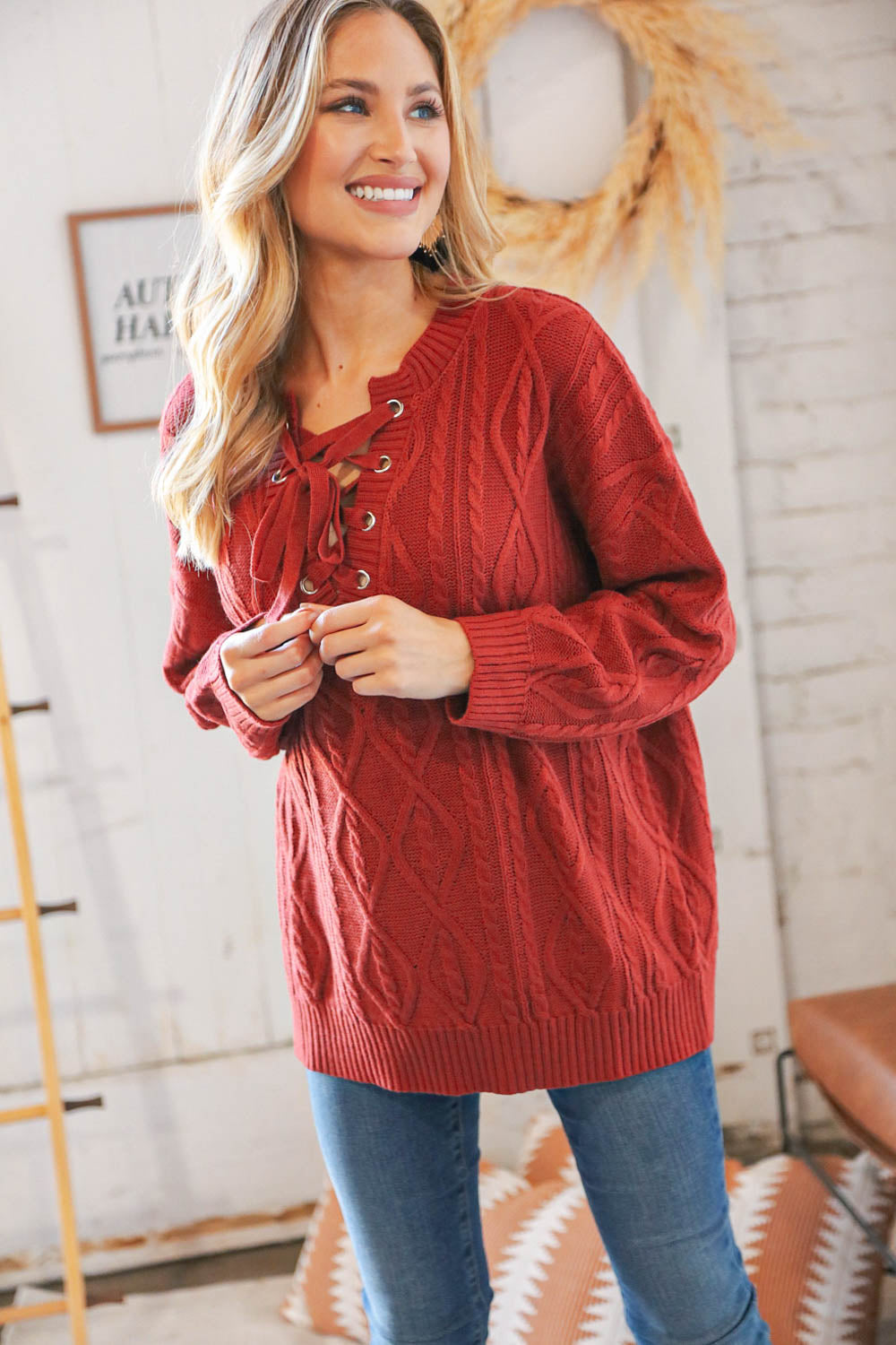 Rust Cable Knit Lace Up V Neck Sweater Top