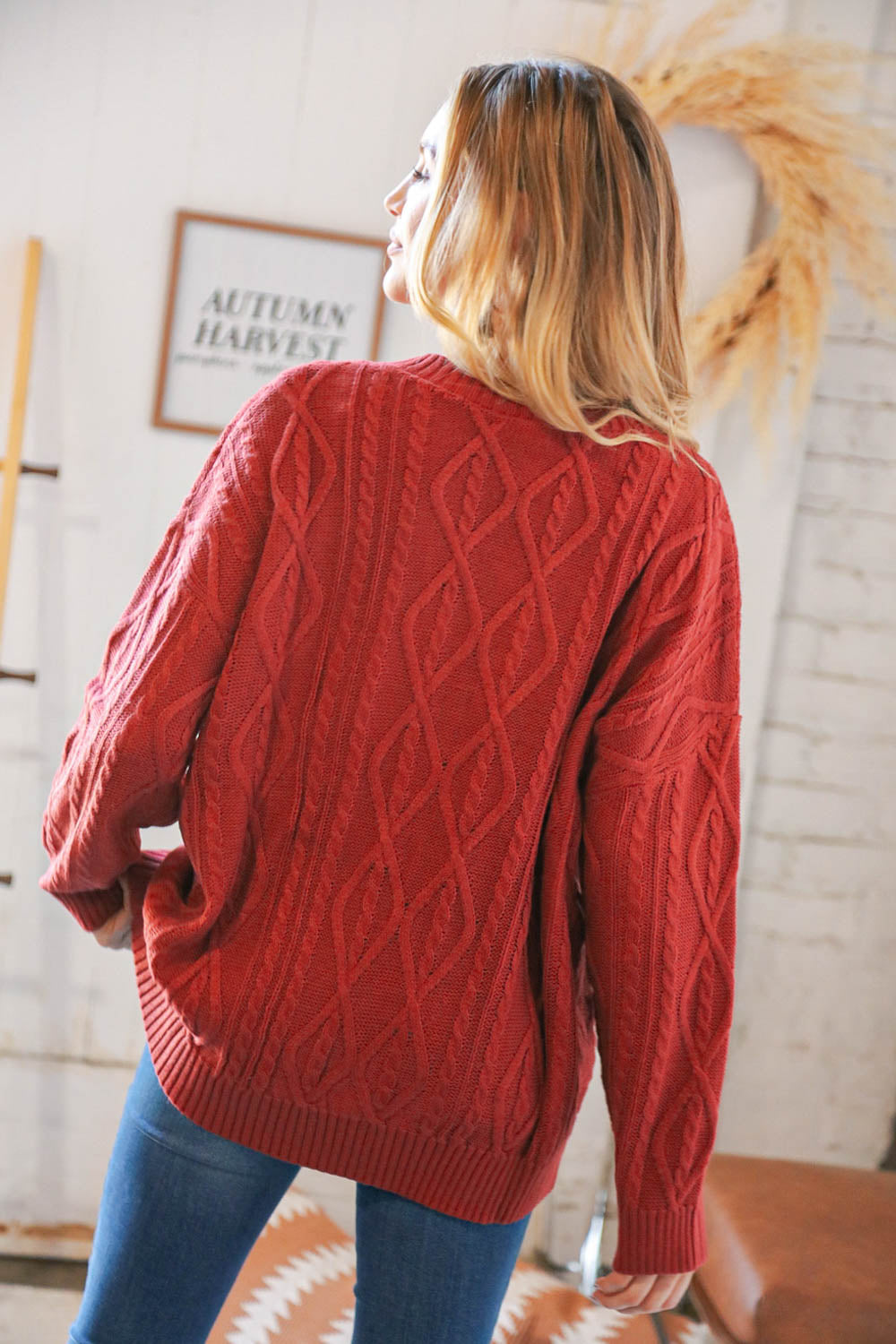 Rust Cable Knit Lace Up V Neck Sweater Top