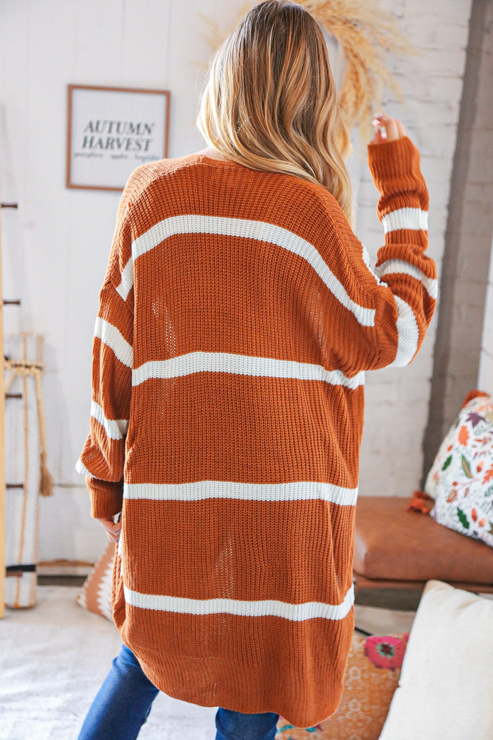 Rust Wide Stripe Long Sleeve Open Sweater Cardigan