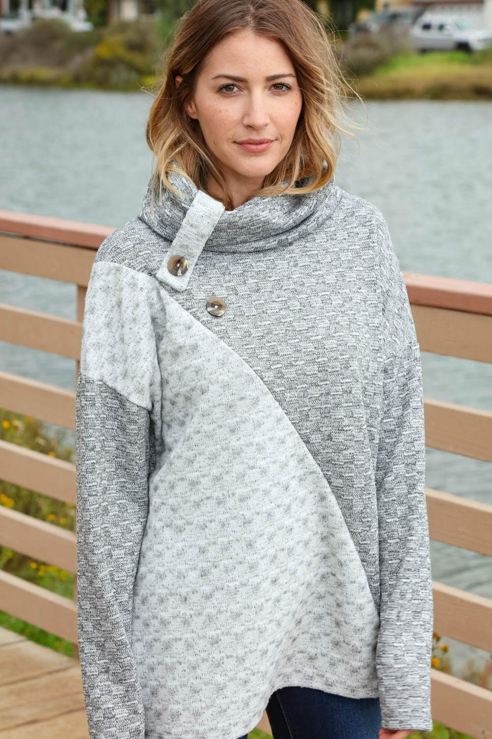 Jacquard Asymmetrical Cowl Neck Button Sweater