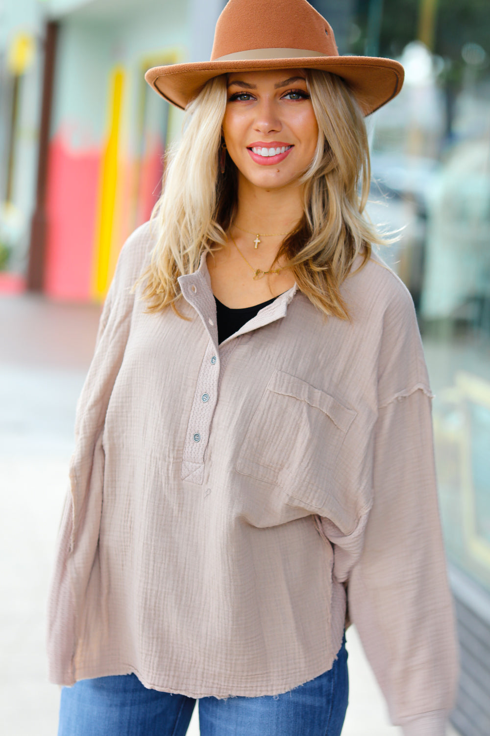 Mocha Gauze & Waffle Henley Oversized Top