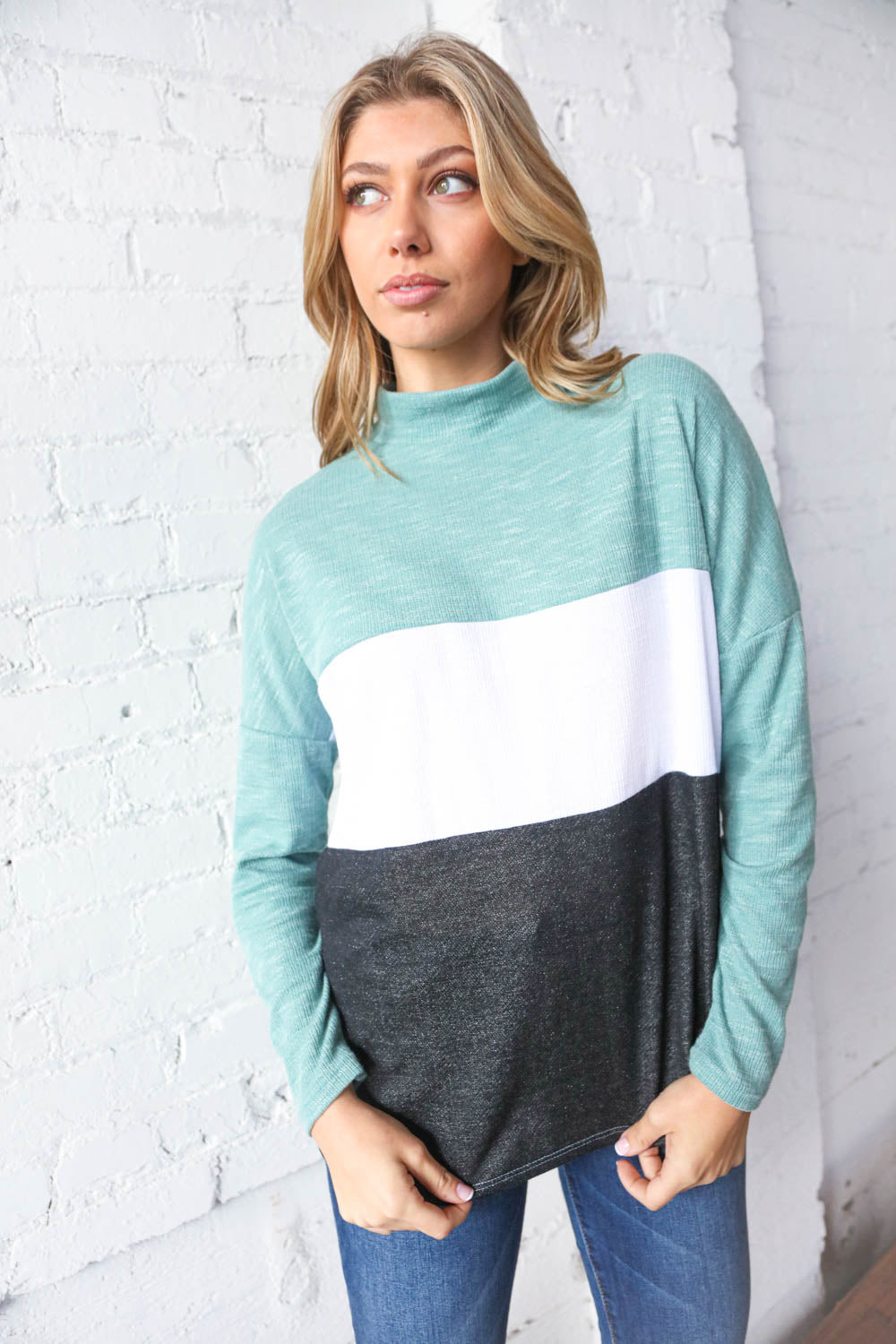 Teal Color Block Mock Neck Side Pocket Top