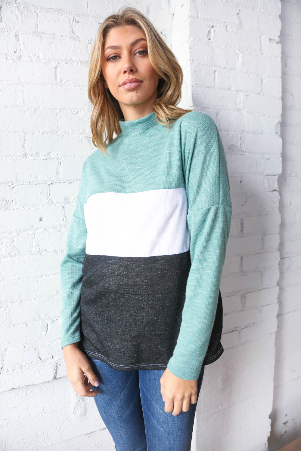 Teal Color Block Mock Neck Side Pocket Top