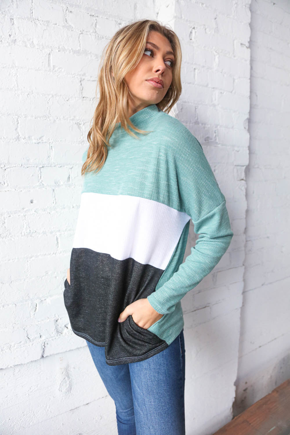 Teal Color Block Mock Neck Side Pocket Top