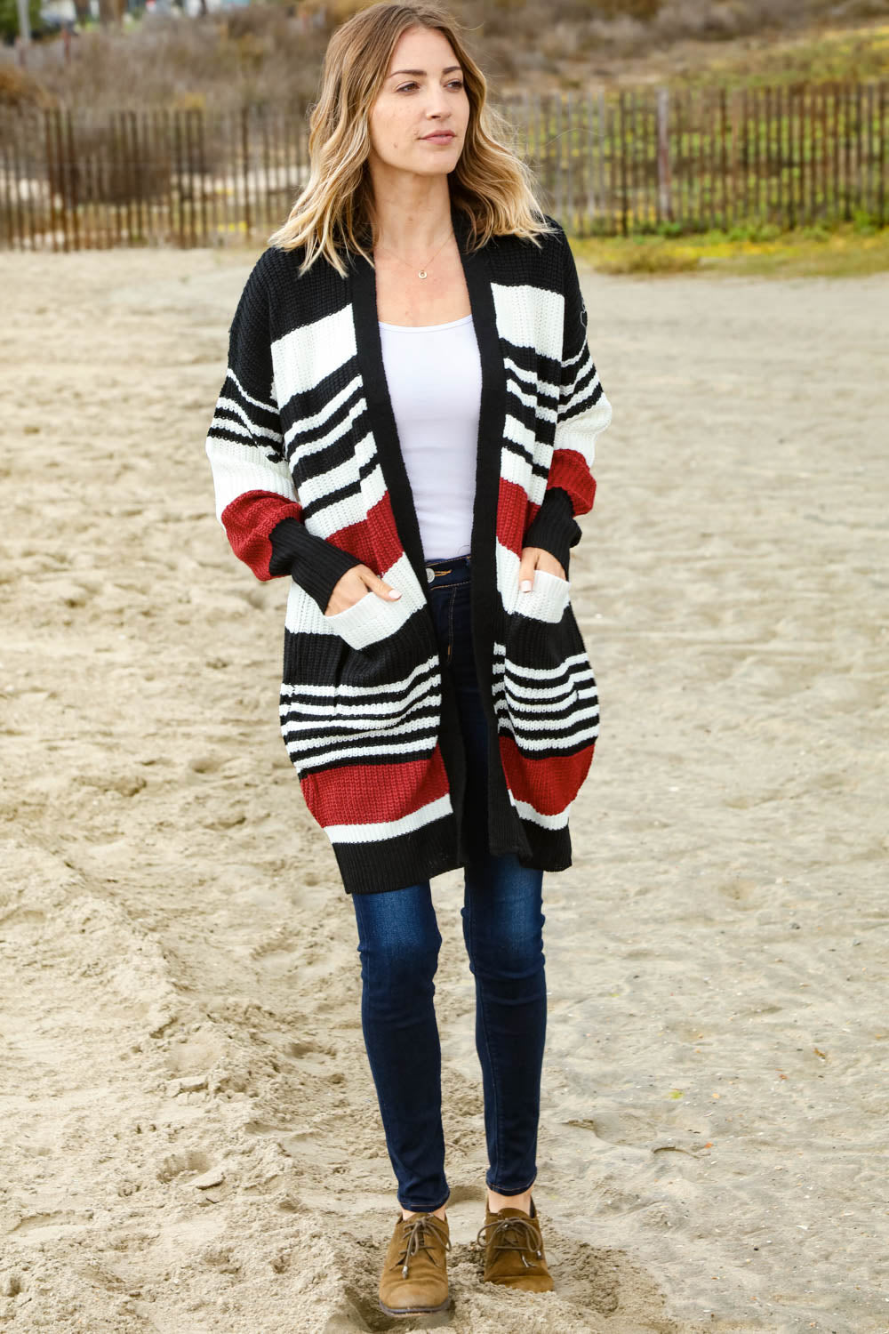 Rust and Black Color Block Sweater Open Cardigan