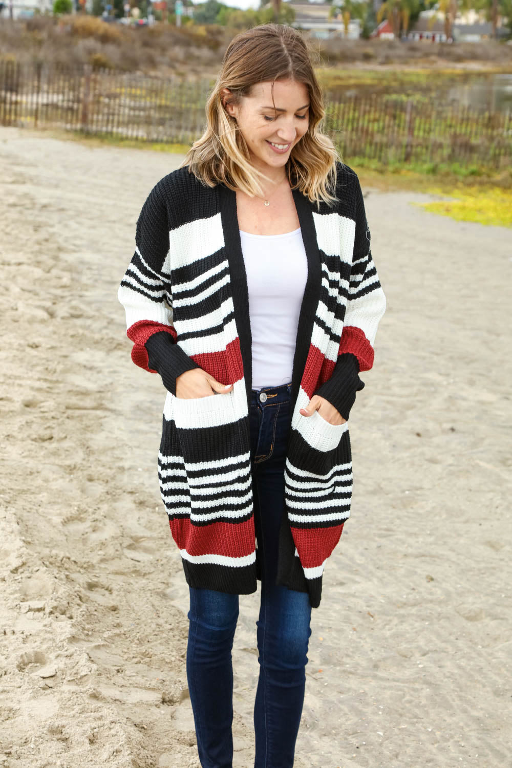 Rust and Black Color Block Sweater Open Cardigan