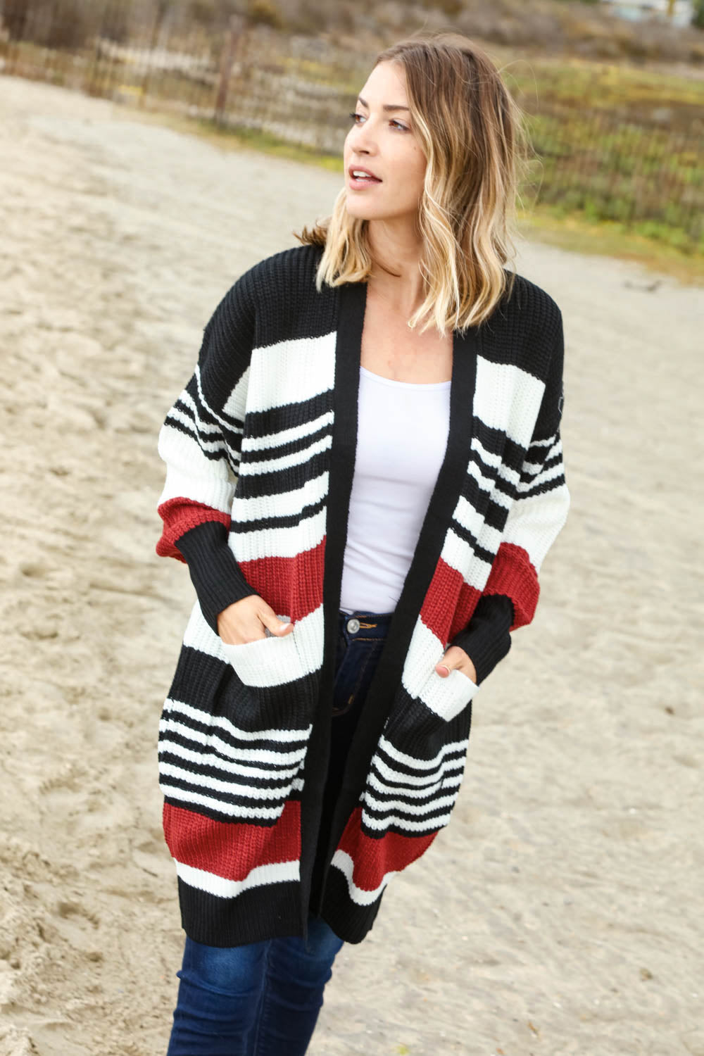 Rust and Black Color Block Sweater Open Cardigan