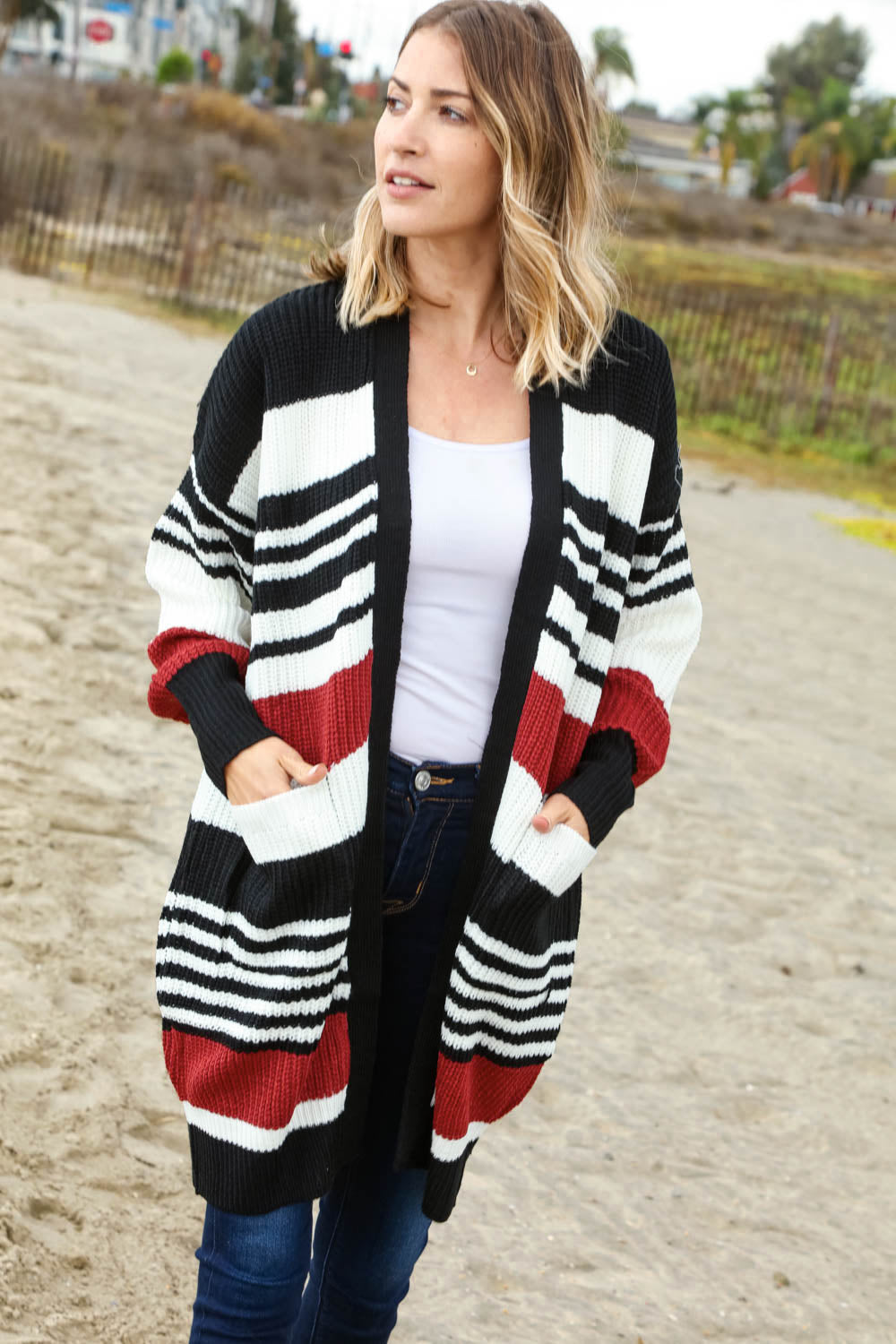 Rust and Black Color Block Sweater Open Cardigan