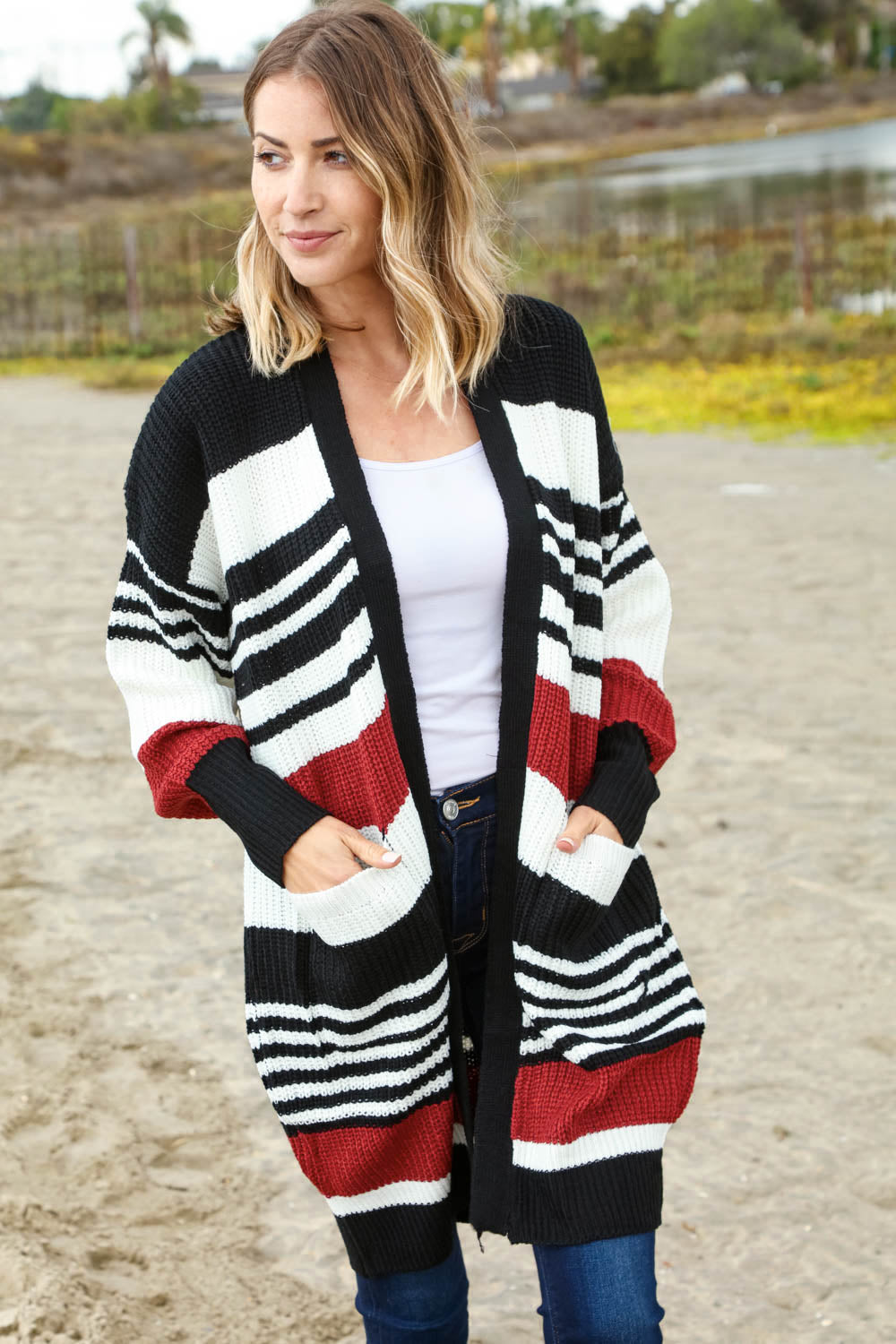 Rust and Black Color Block Sweater Open Cardigan