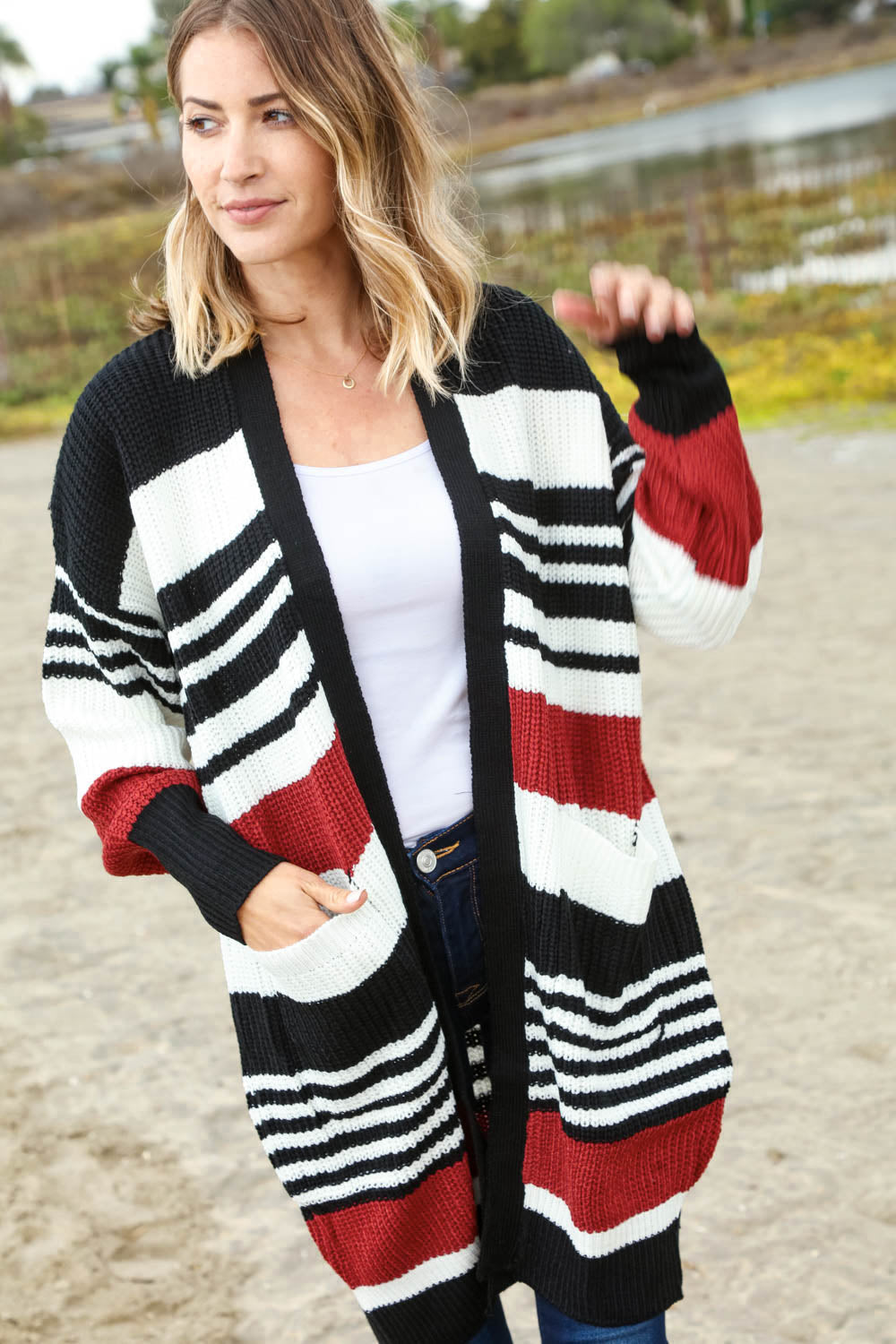 Rust and Black Color Block Sweater Open Cardigan