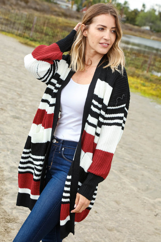 Rust and Black Color Block Sweater Open Cardigan