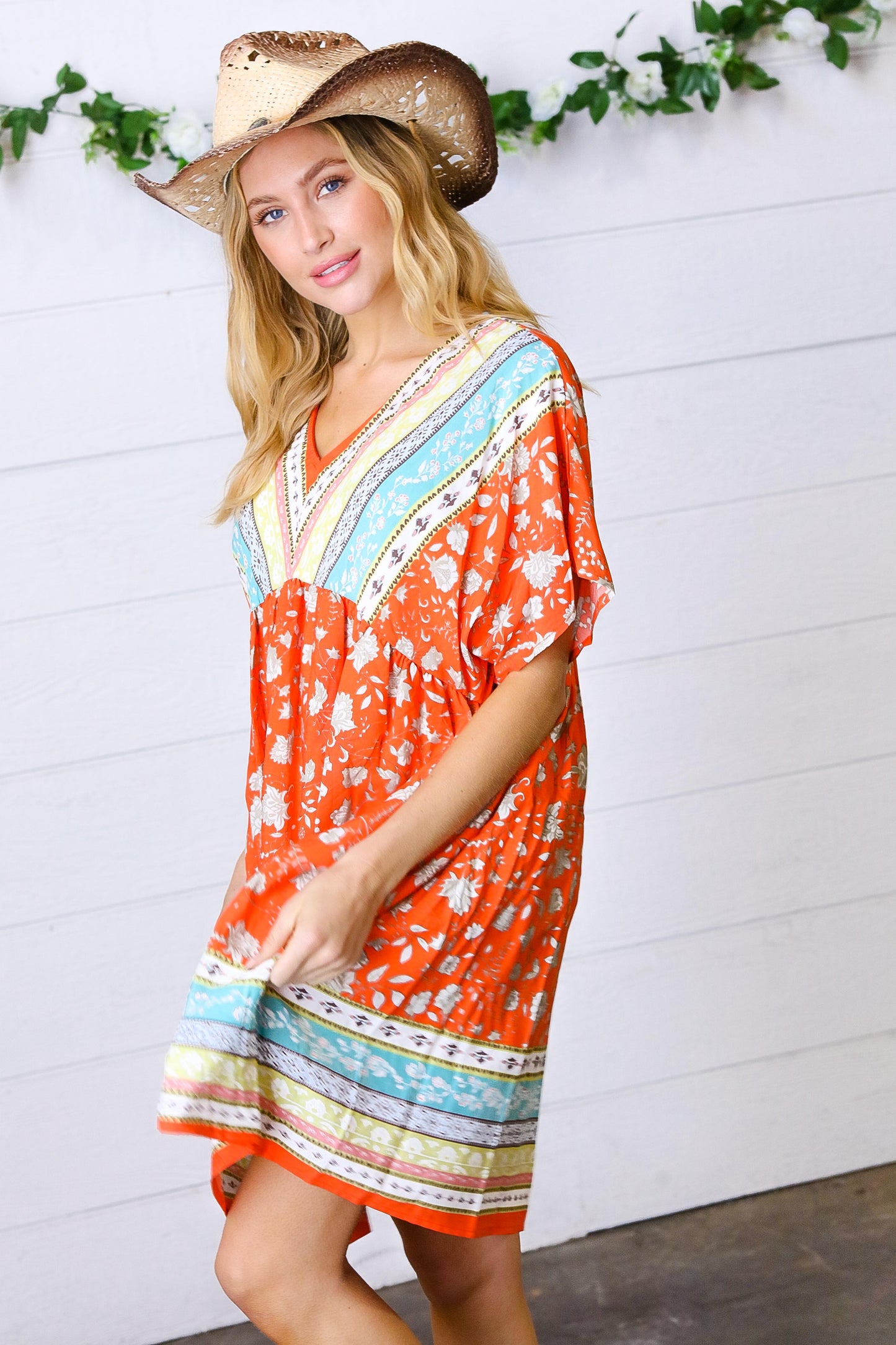 Persimmon & Blue Paisley Dolman V Neck Border Dress