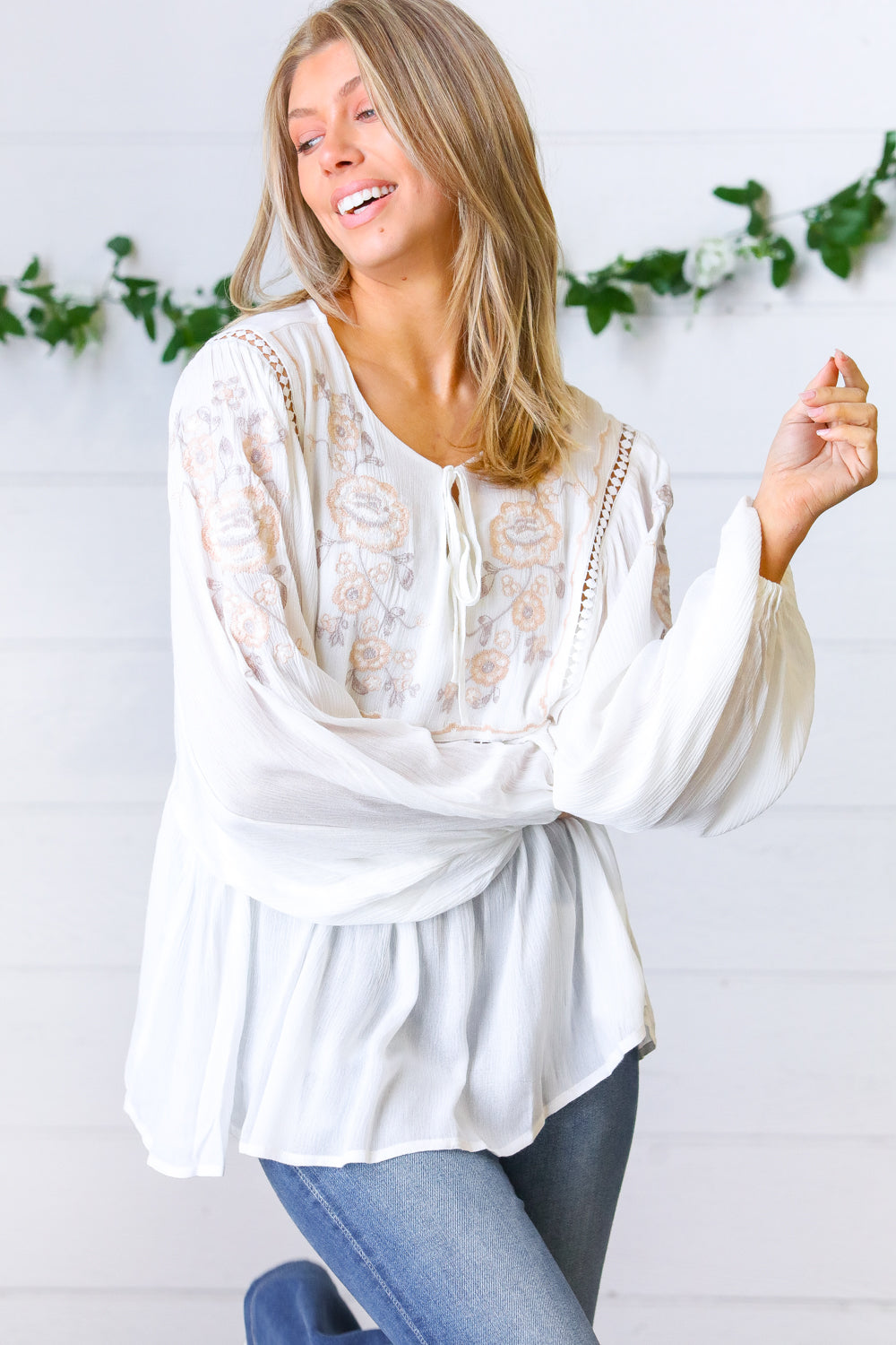 White Embroidered Tie String Peasant Top