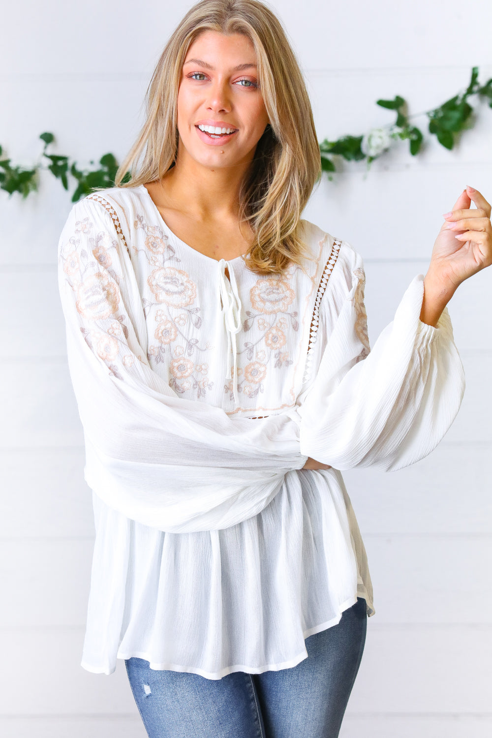 White Embroidered Tie String Peasant Top