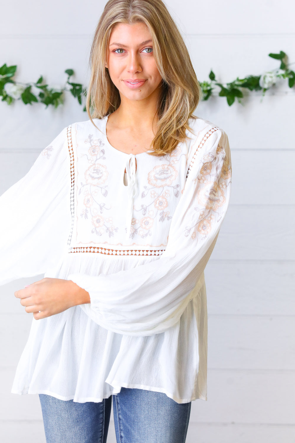 White Embroidered Tie String Peasant Top