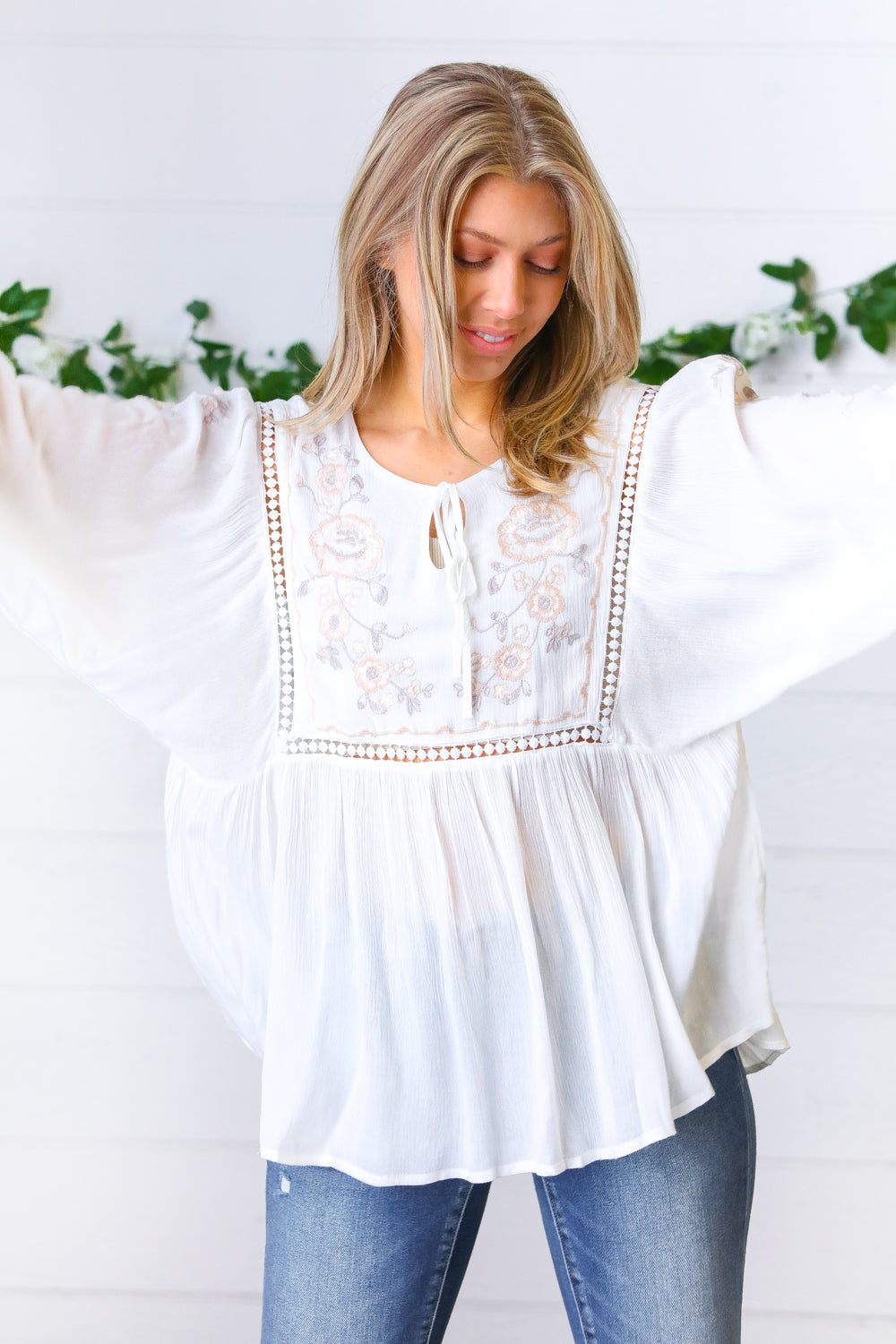 White Embroidered Tie String Peasant Top