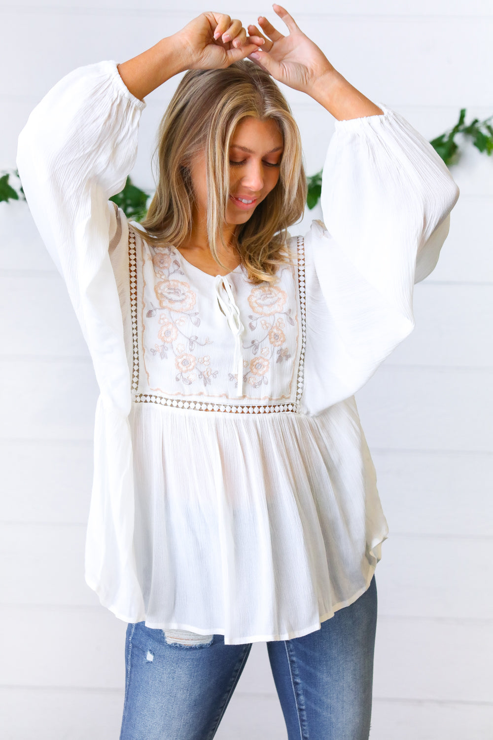 White Embroidered Tie String Peasant Top