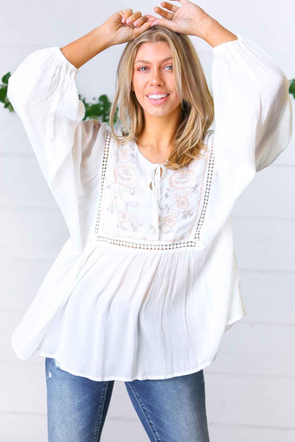 White Embroidered Tie String Peasant Top