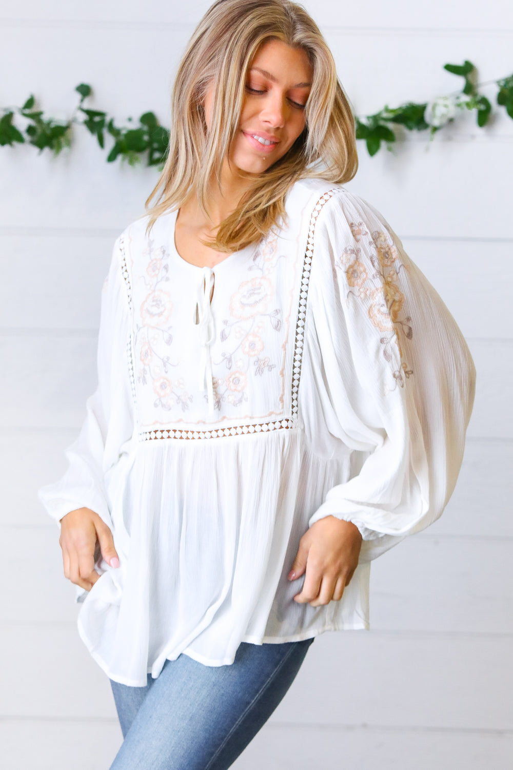 White Embroidered Tie String Peasant Top