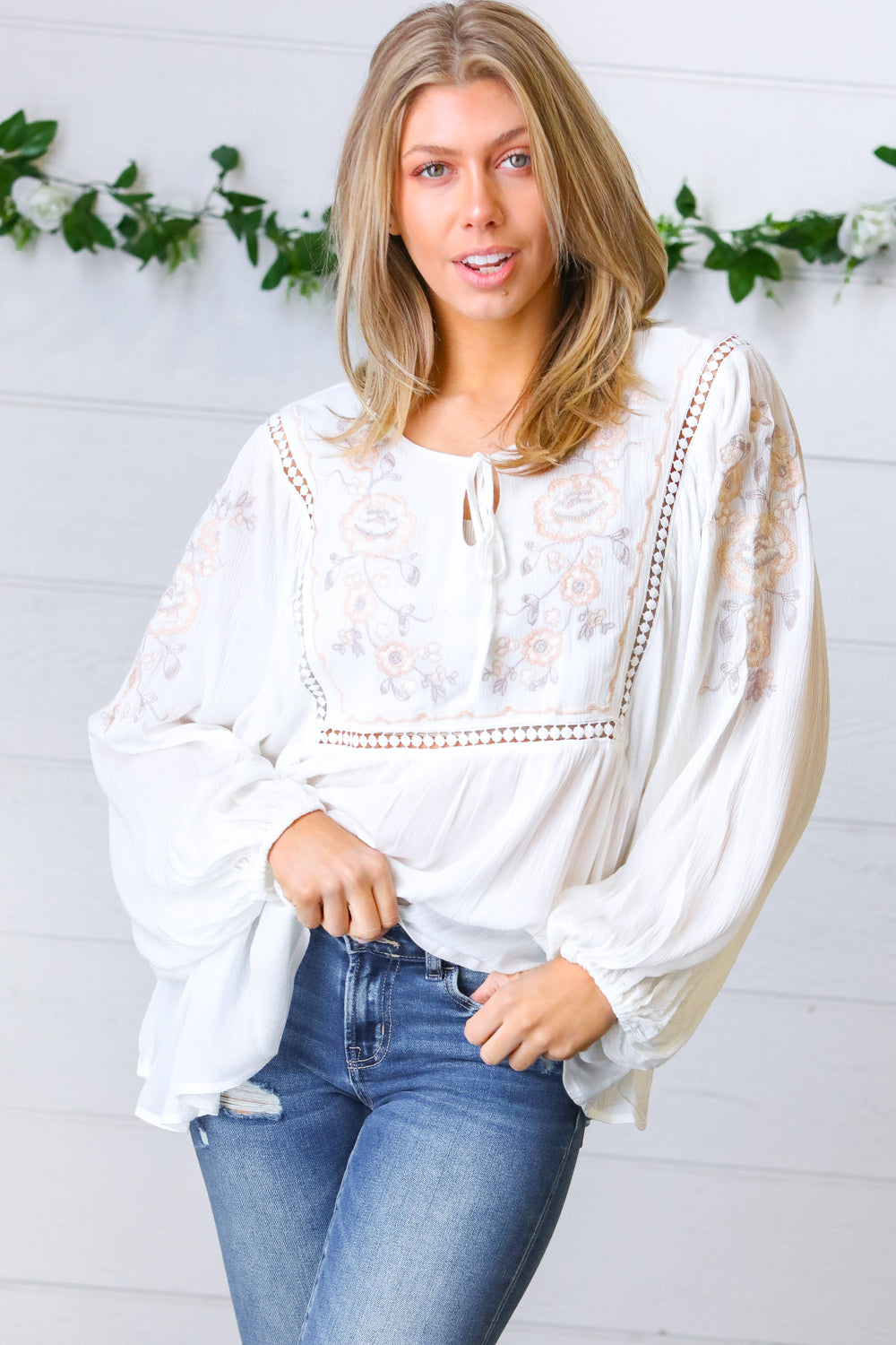 White Embroidered Tie String Peasant Top