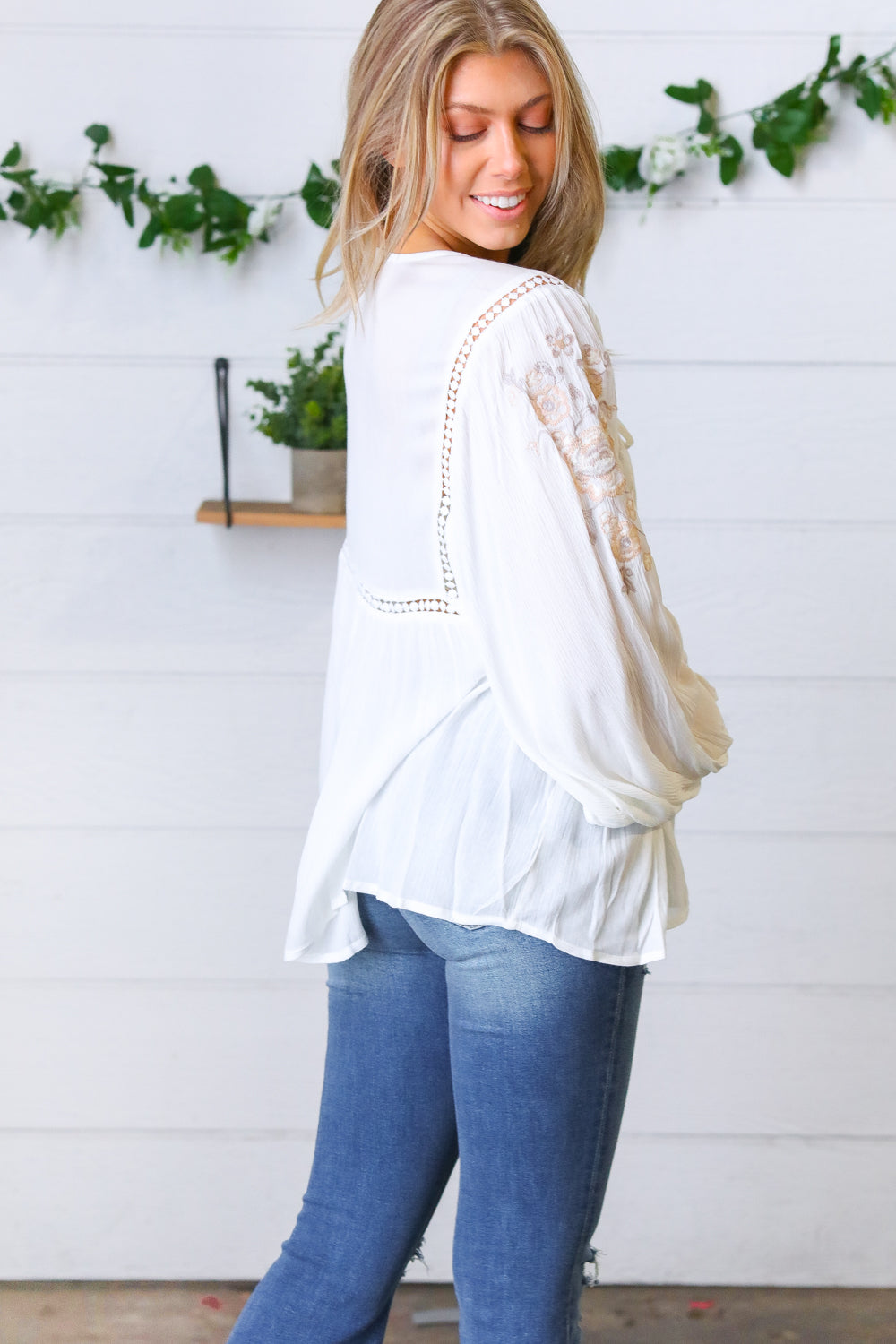 White Embroidered Tie String Peasant Top