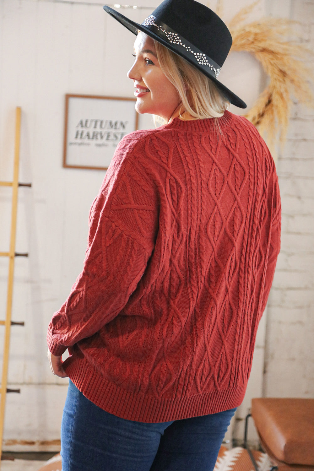 Rust Cable Knit Lace Up V Neck Sweater Top