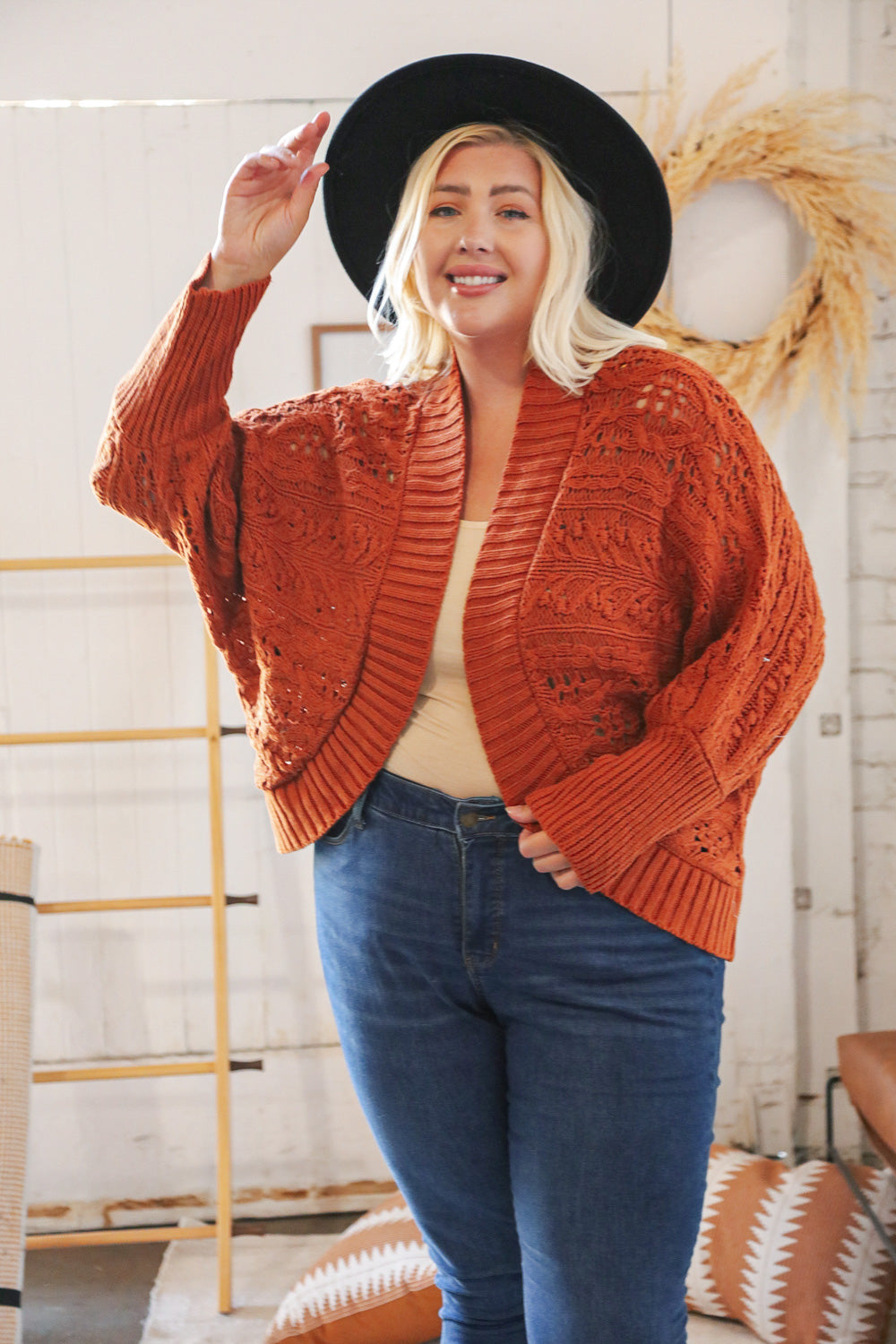 Rust Textured Wool Cable Bolero Open Cardigan