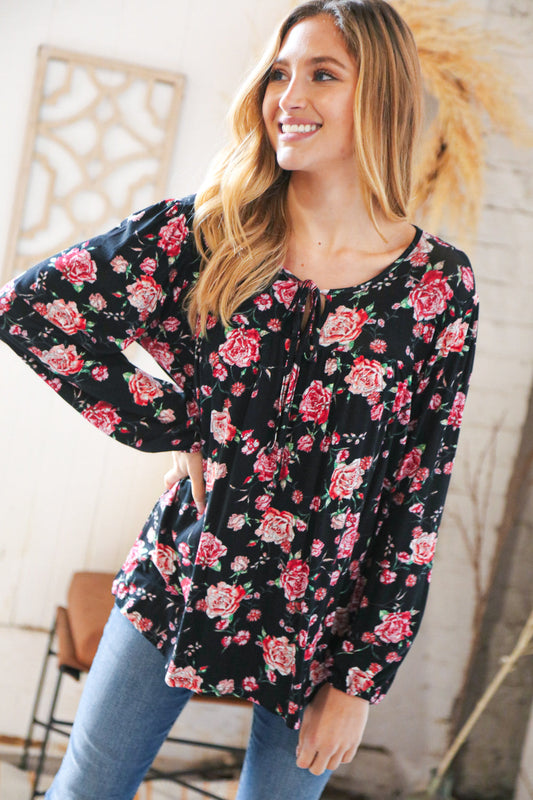 Black & Rose Floral Yoke Tie String Top